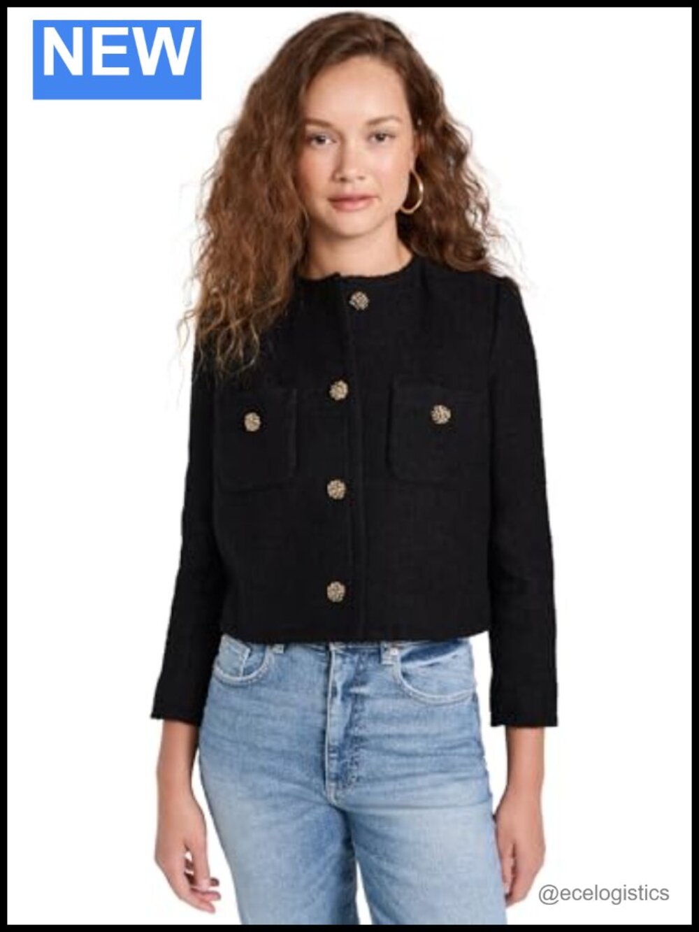 Tweed Peacoat Jacket with Padded Shoulders, Gold Buttons, Long Sleeve